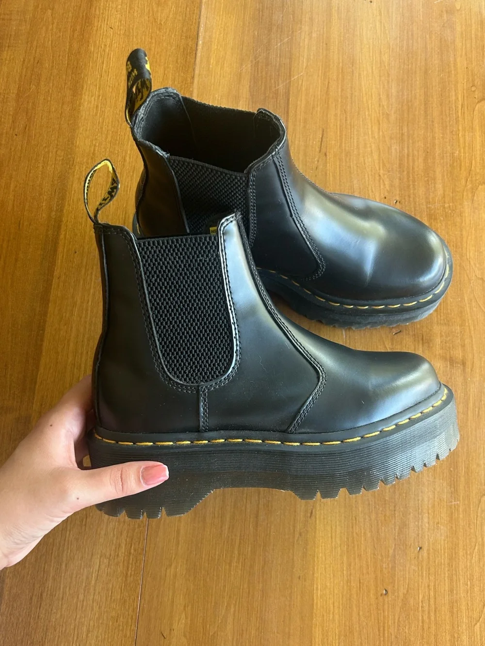Dr. Martens Black Chelsea Platform Boots with Yellow Stitching